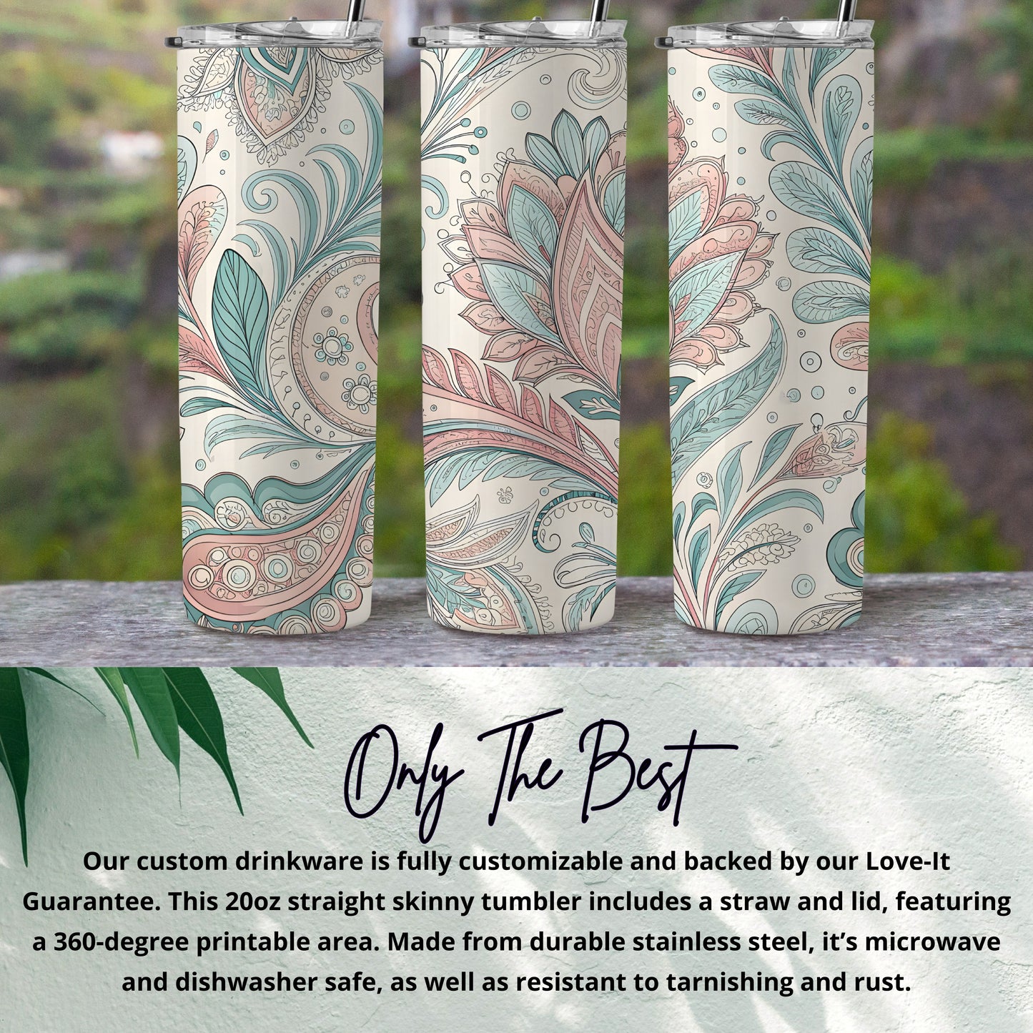 Floral Design 20oz Straight Skinny Tumbler with Straw