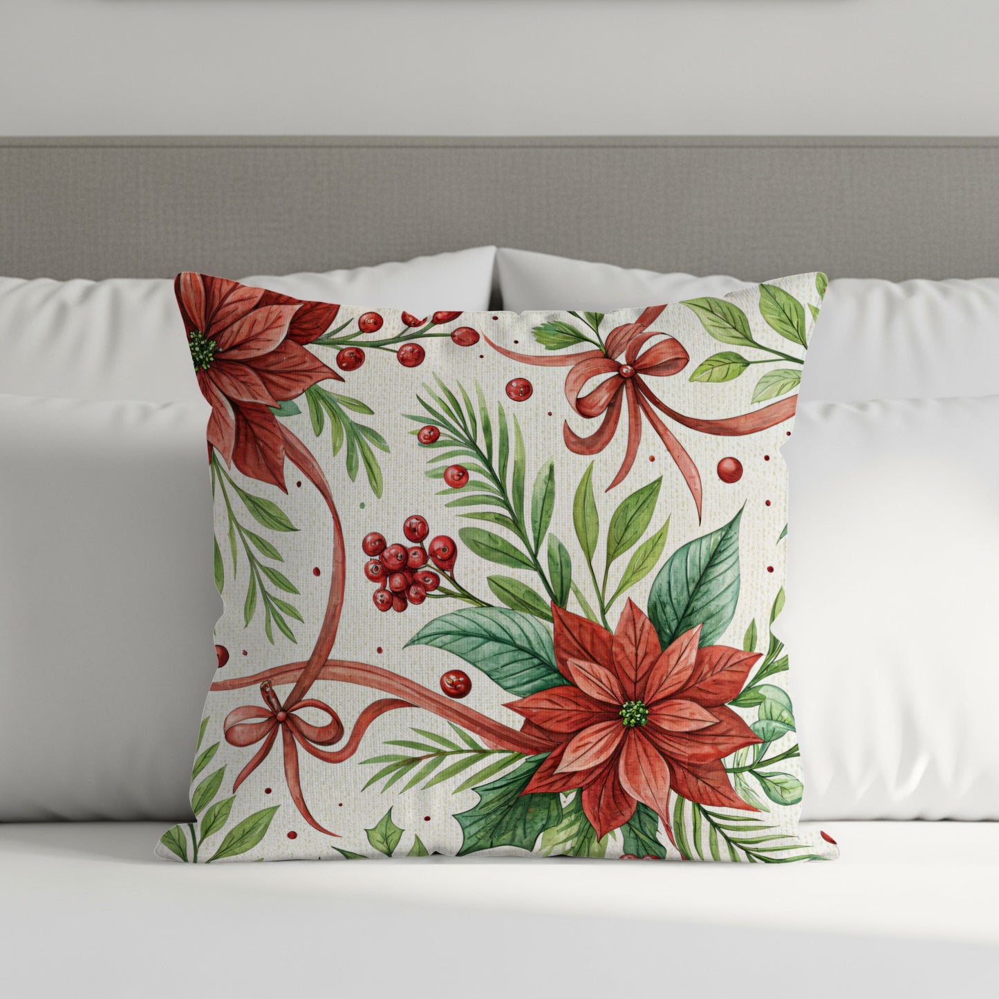 Festive Poinsettia and Holly Decorative Throw Pillow