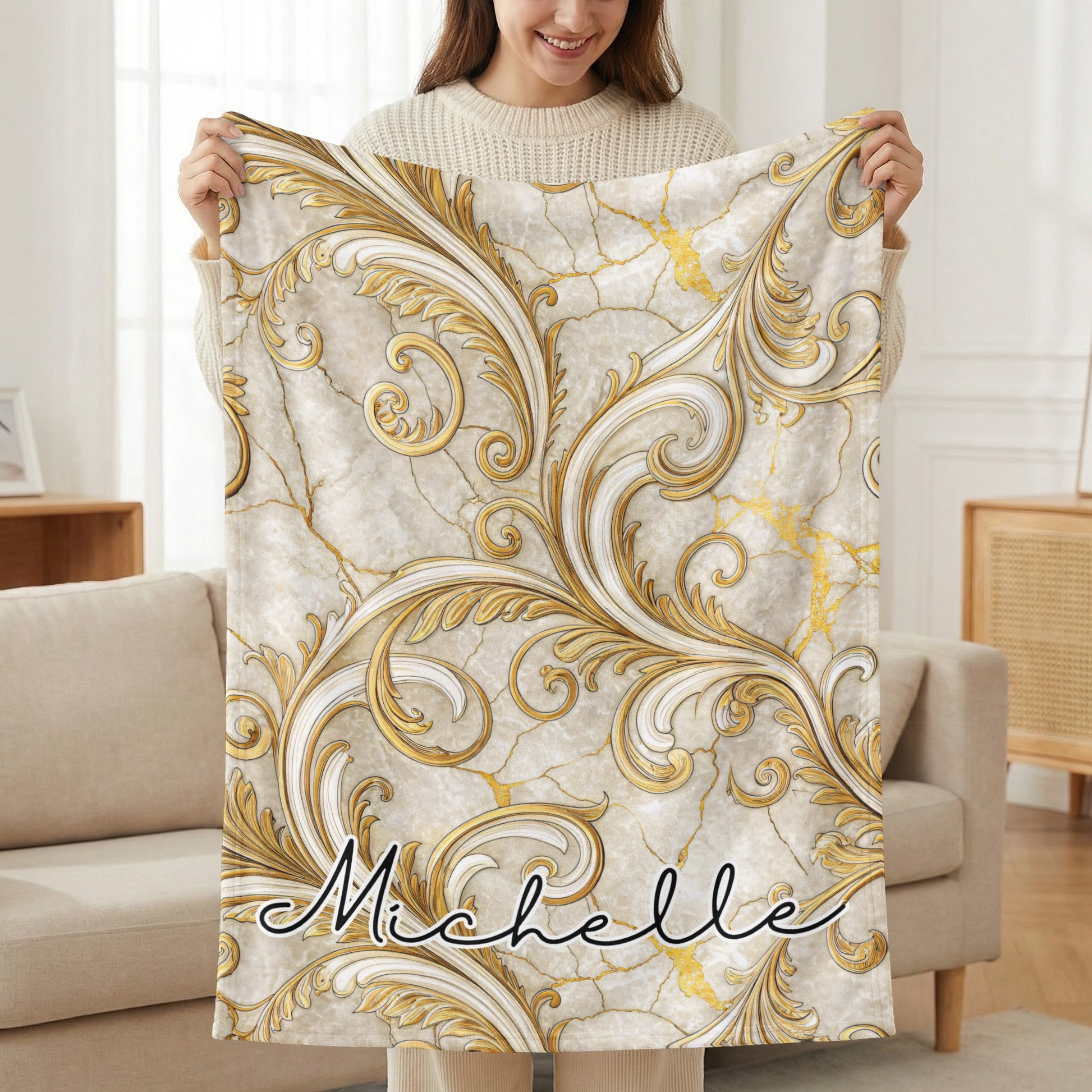 Elegant Personalized Gold Swirl Design Blanket