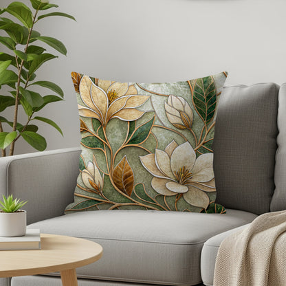 Ivory Petals Green Leaves Artistic Floral Design Throw Pillows - Walk Greener