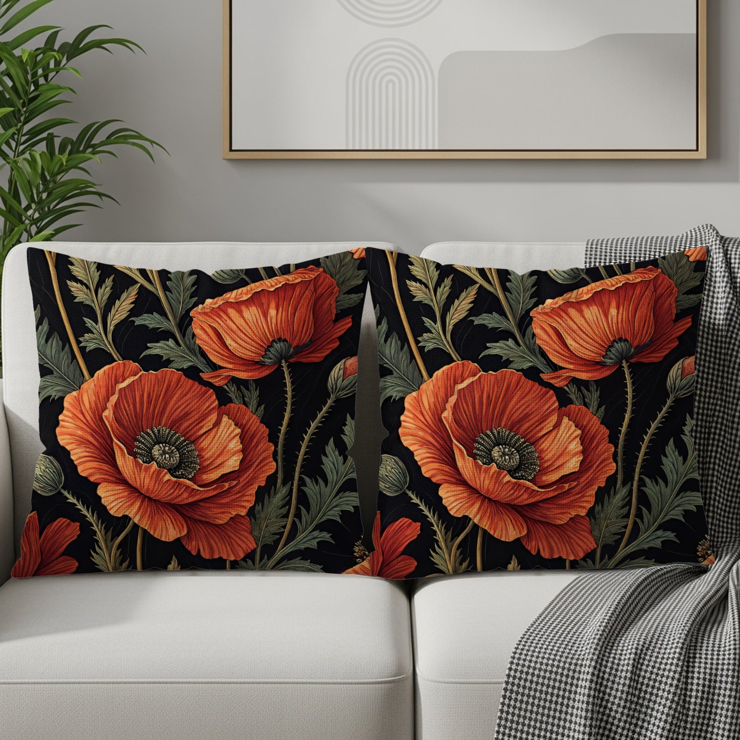 Floral Pattern with Red Poppies on Black Decorative Floral Throw Pillows - Walk Greener