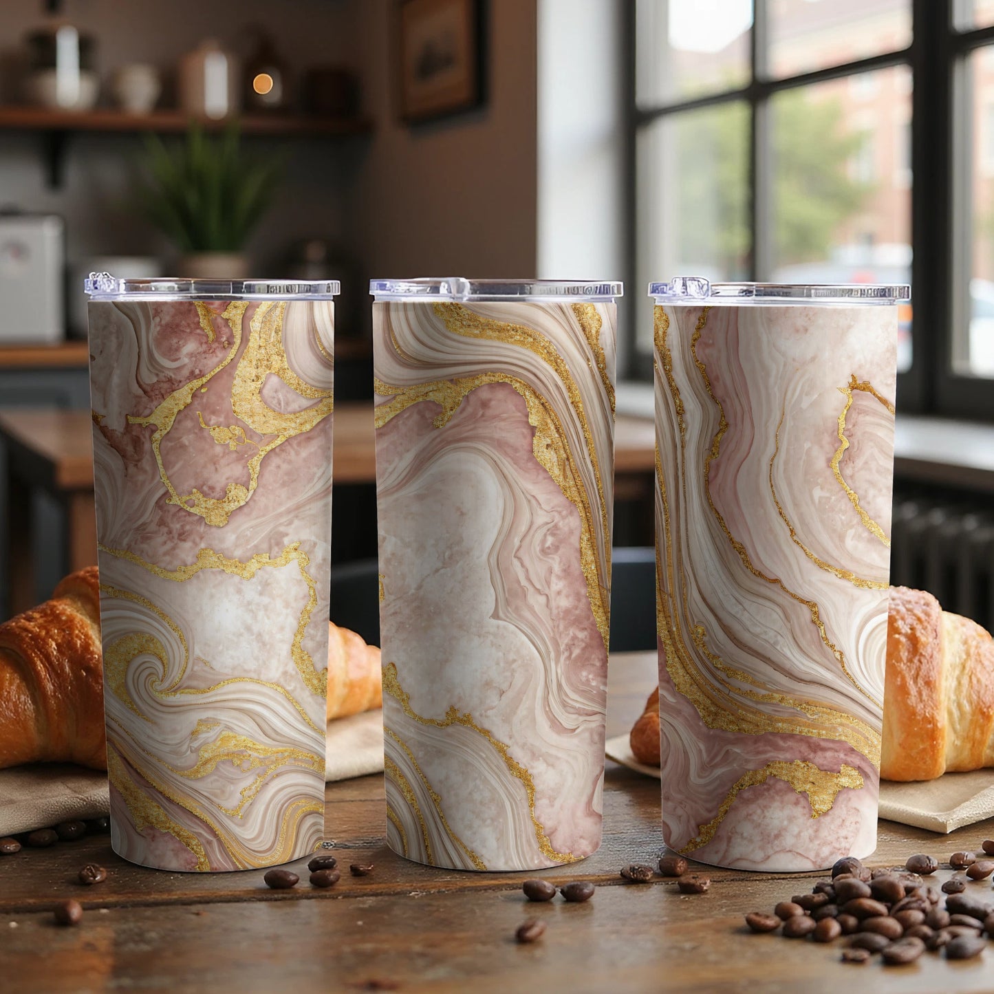Elegant Pink and Gold Marble Pattern Tumblers Set