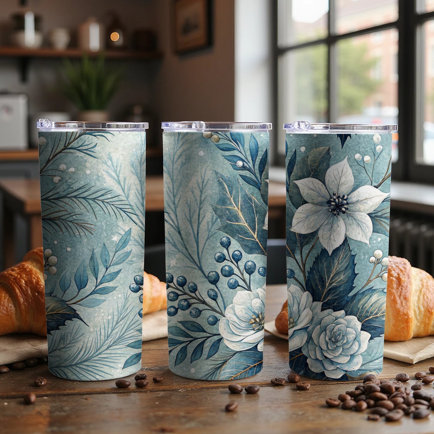 Elegant Blue Floral and Berries Insulated Tumbler Cups