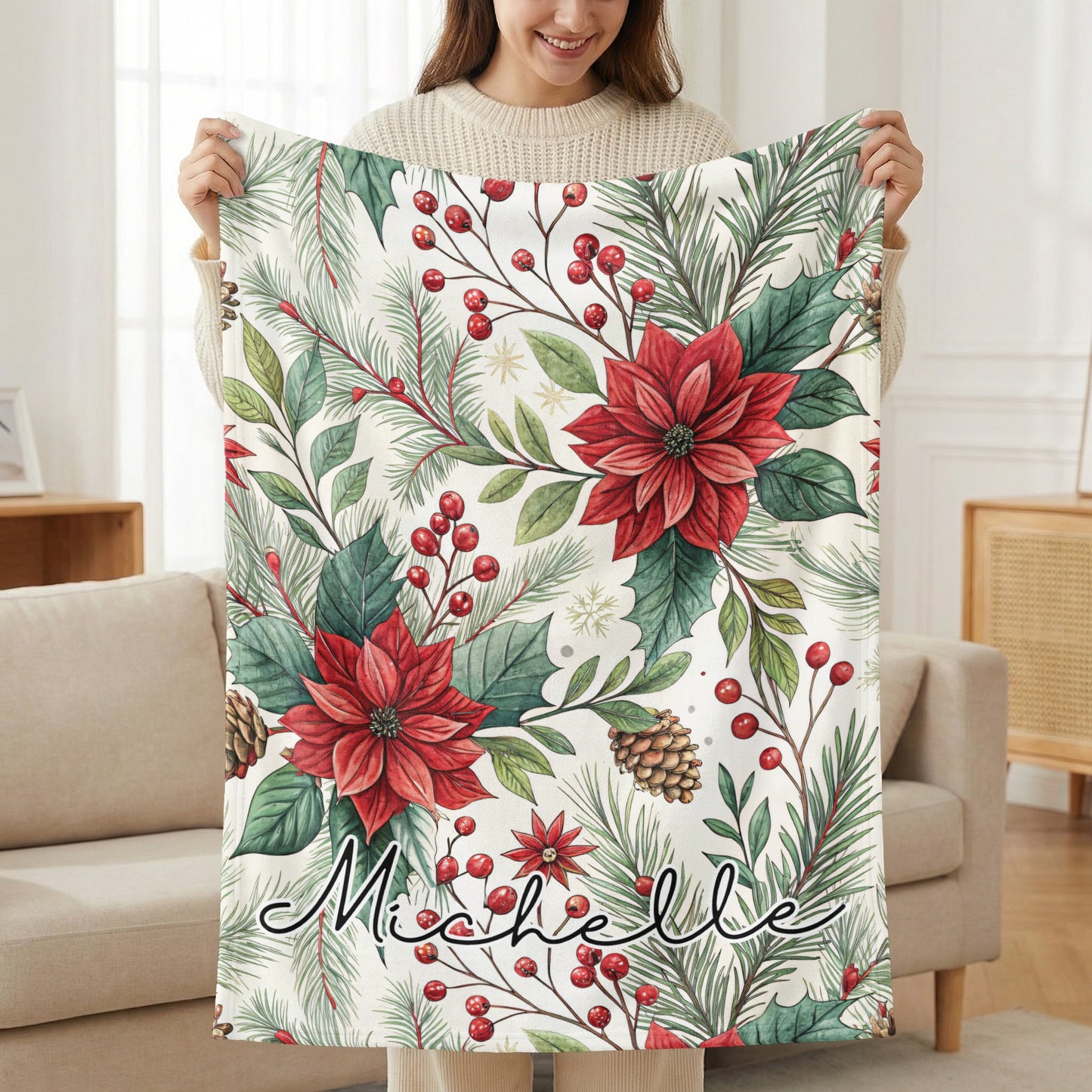 Personalized Christmas Floral Design Throw Blanket
