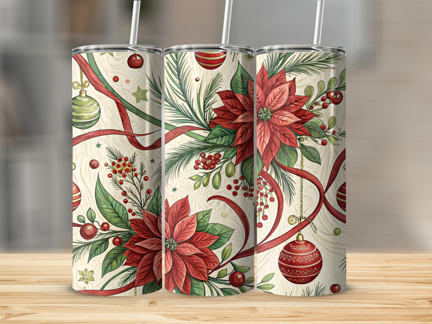 Festive Christmas Ornaments and Poinsettia Tumbler