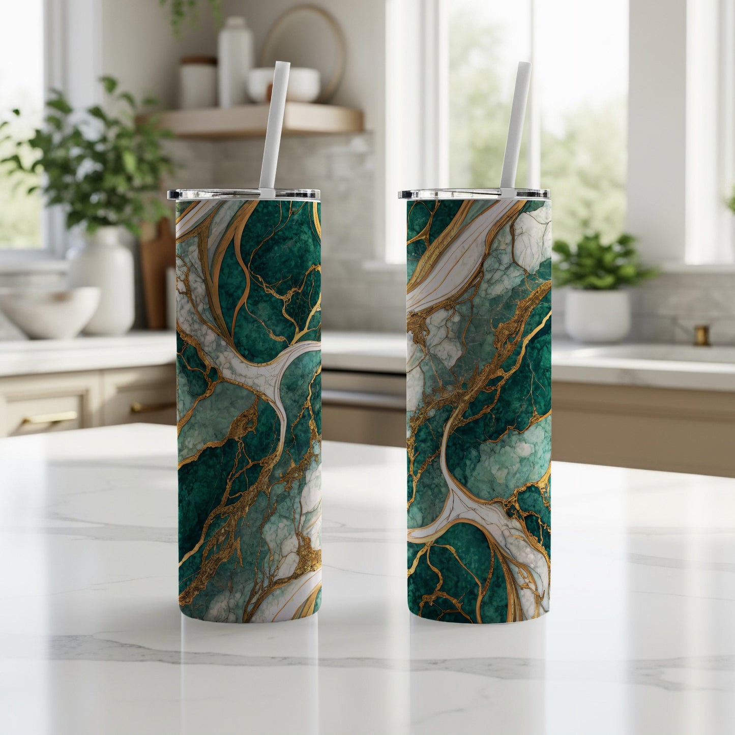 Elegant Green and Gold Abstract Design Tumbler Product