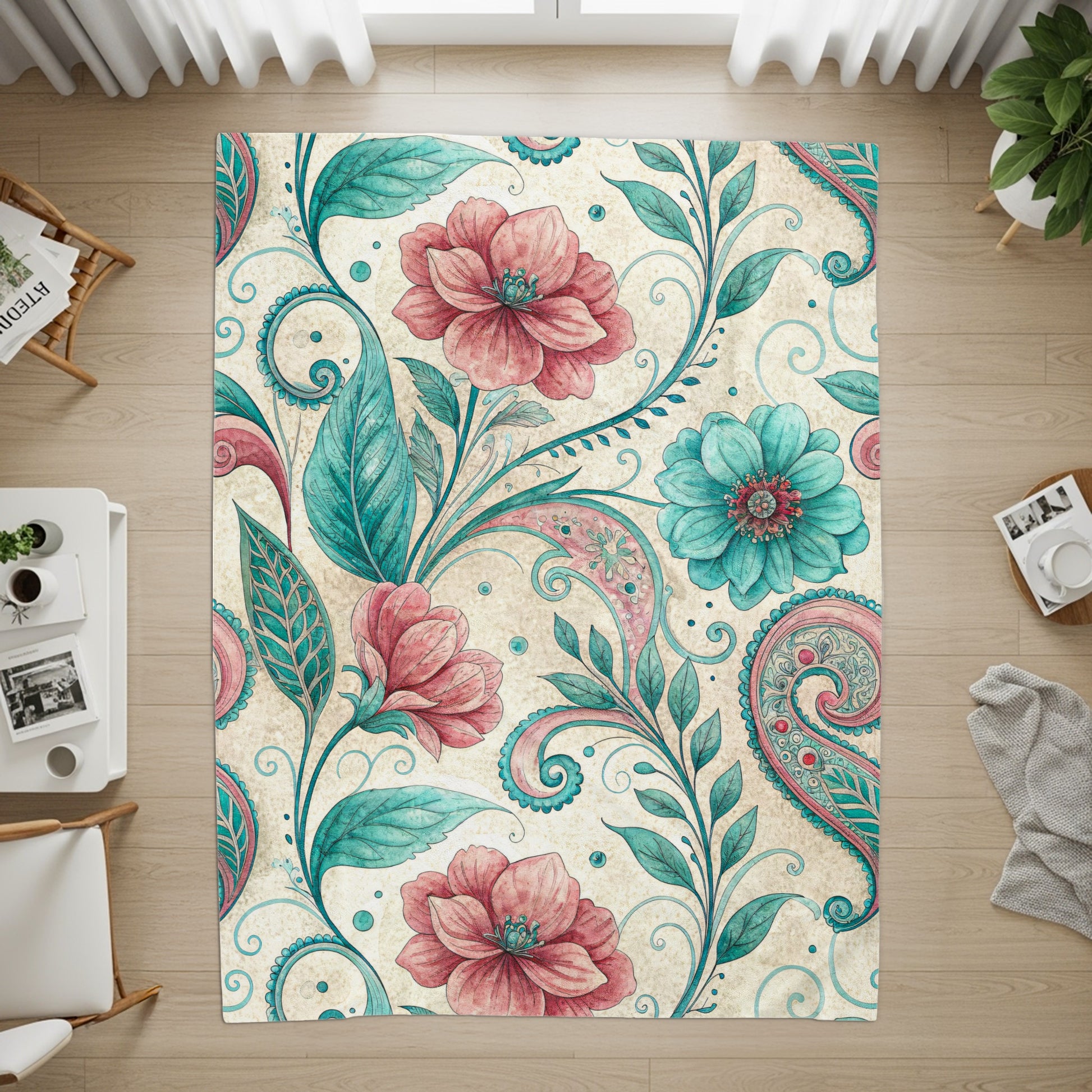 Floral Paisleys in Pink and Teal Watercolor Style Art - Walk Greener