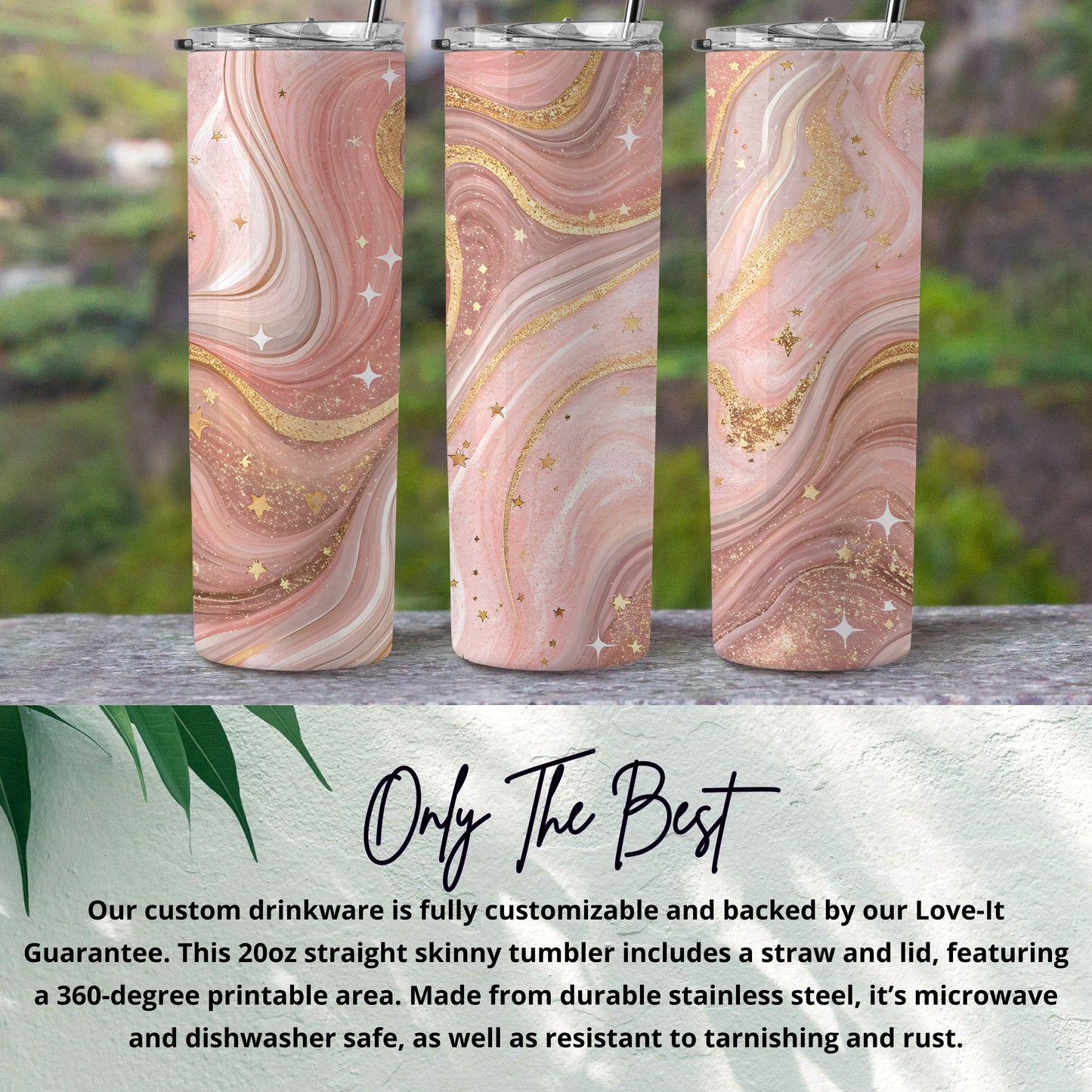 Pink Marble and Gold Stars 20oz Straight Skinny Tumbler
