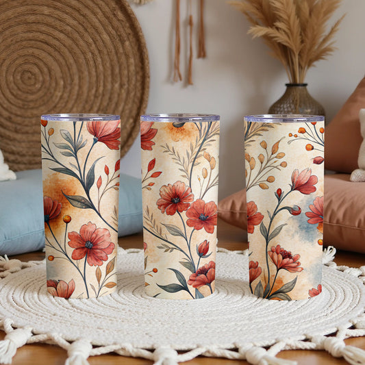 Red Floral Design on Cream 20 oz Skinny Tumbler - Walk Greener