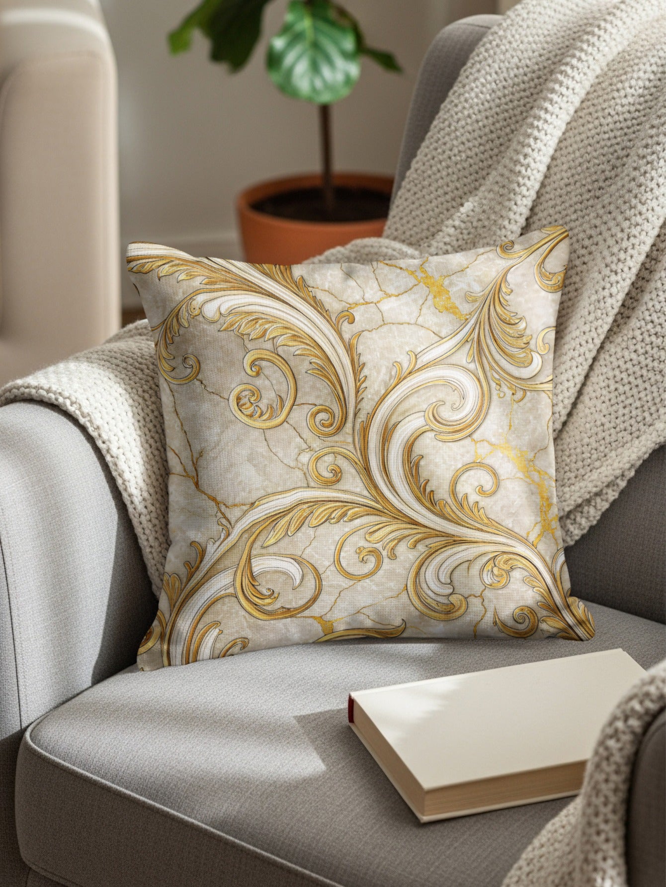 Elegant Gold Scroll Design Throw Pillow for Home Decor