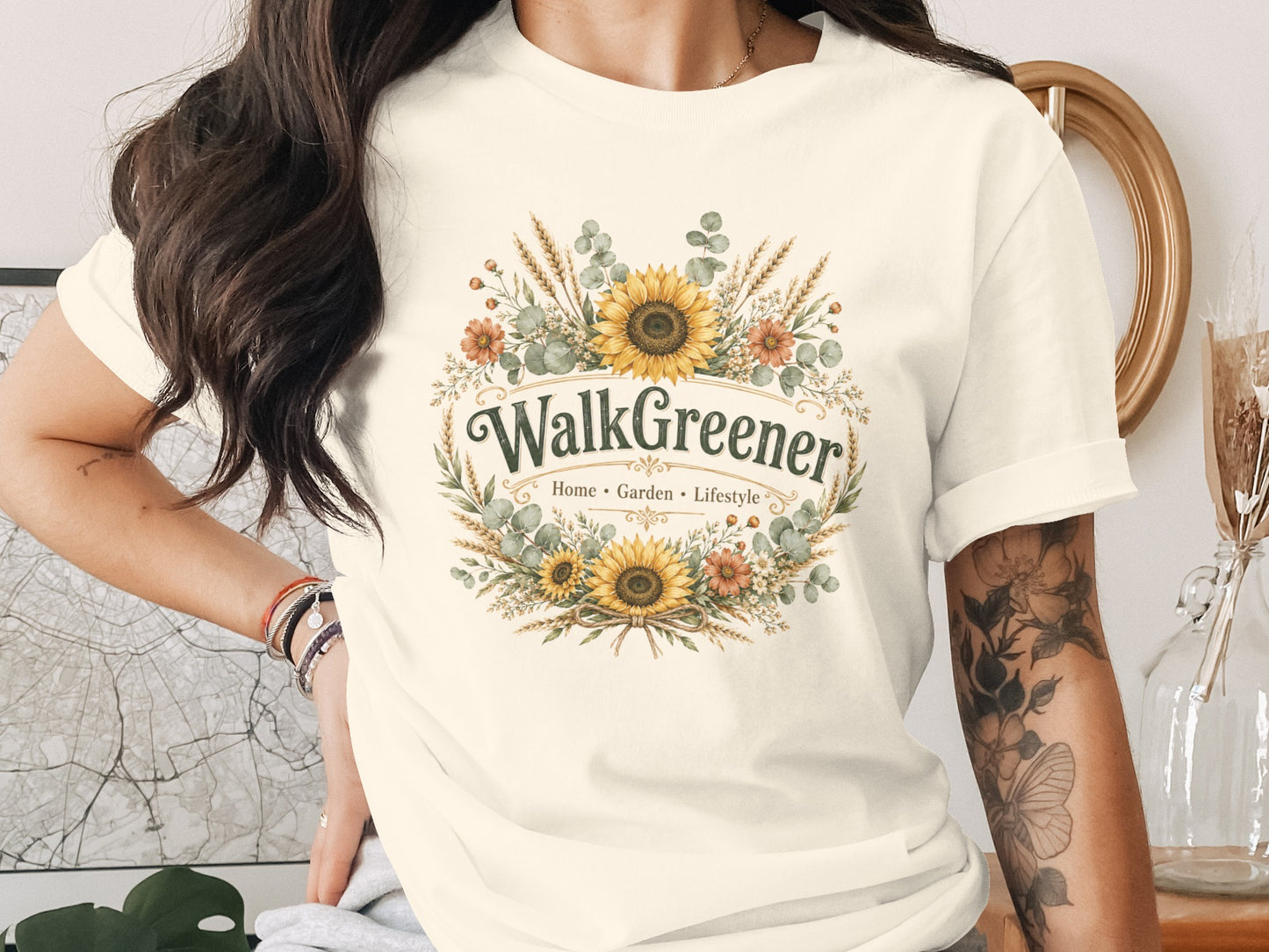 T-shirt with "WalkGreener Home Garden Lifestyle" text and floral wreath.