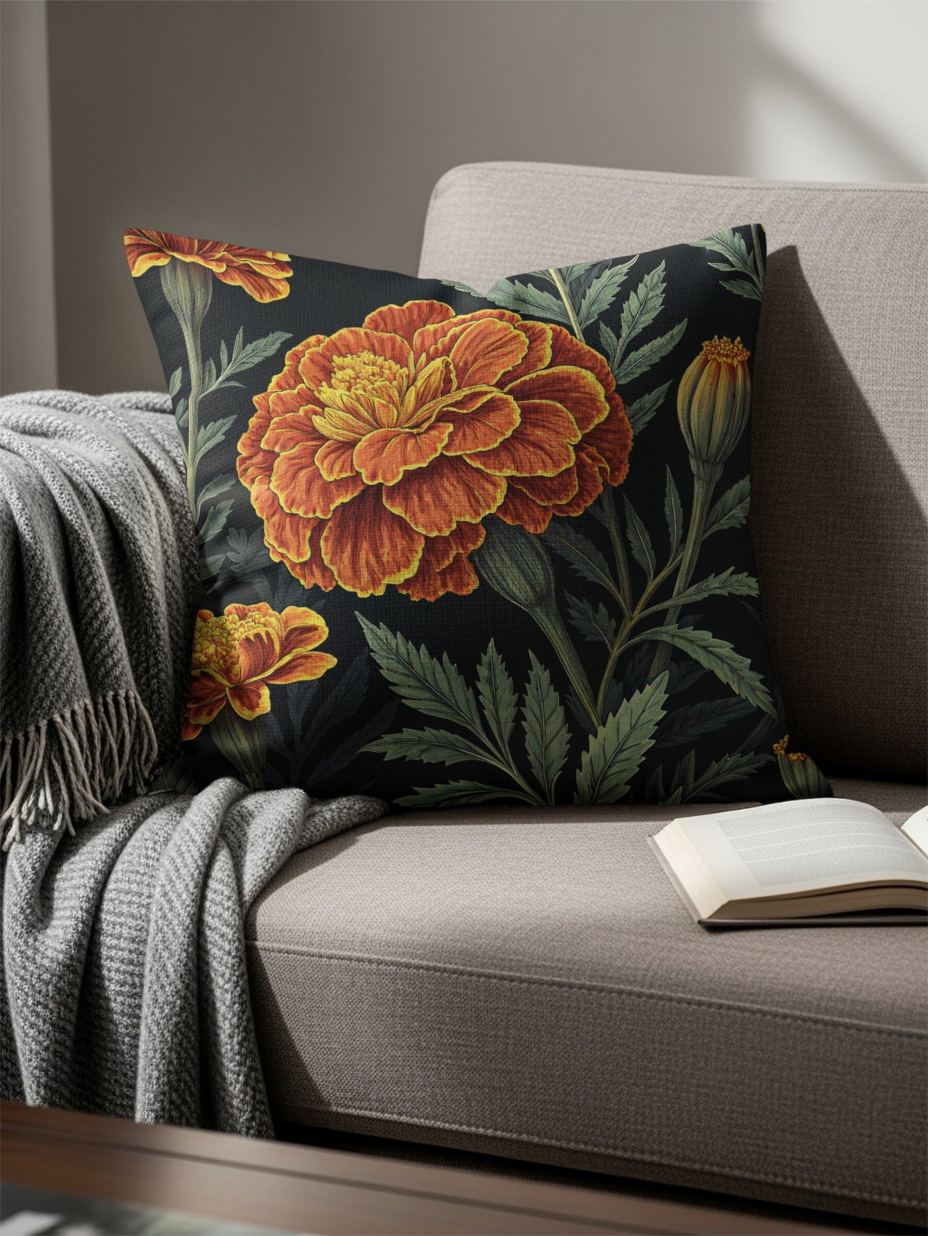 Vibrant Marigold Garden Art Deco Style Decorative Floral Throw Pillows - Walk Greener