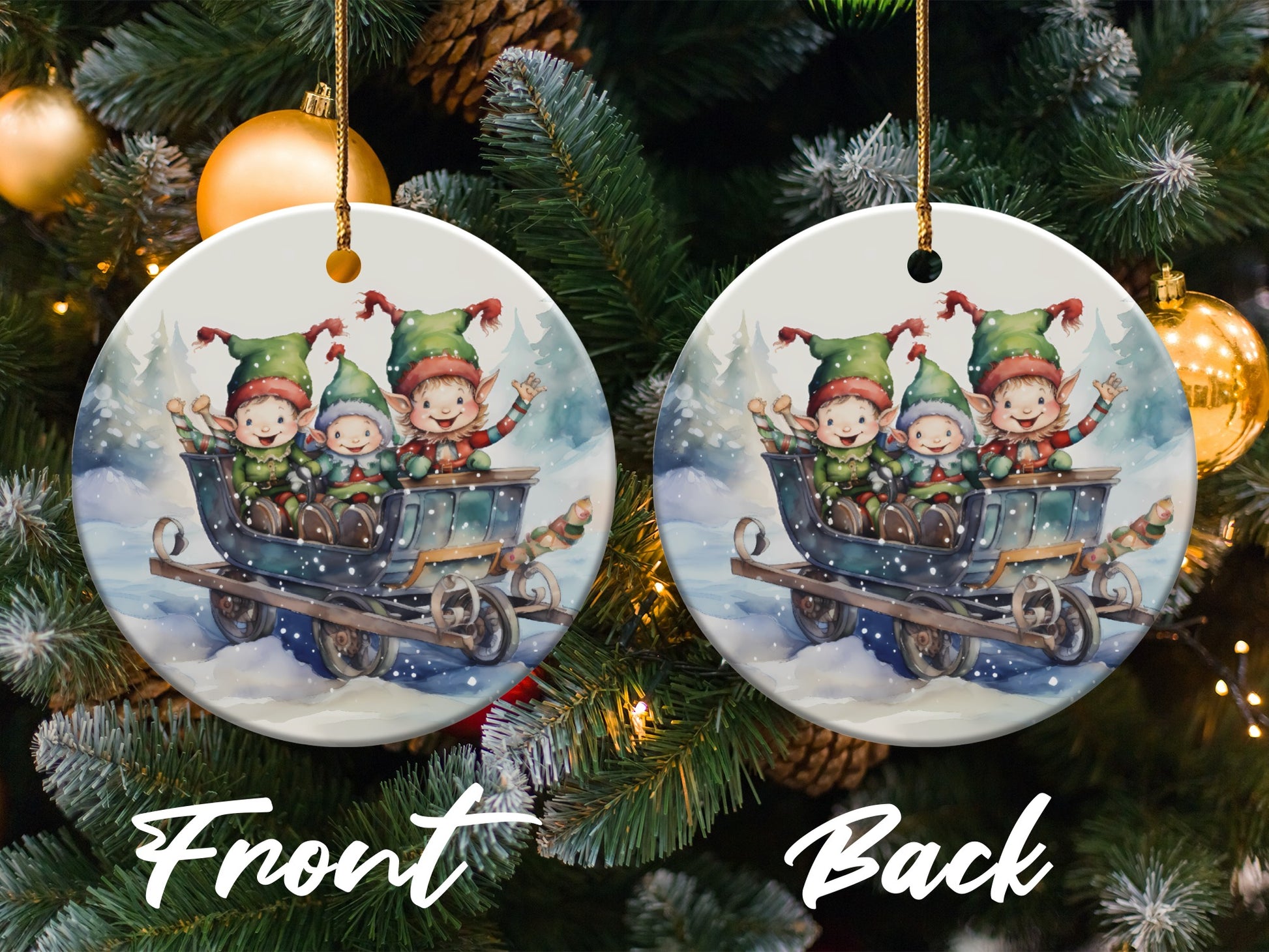 Festive Elf Children on Sleigh Christmas Ornament product type