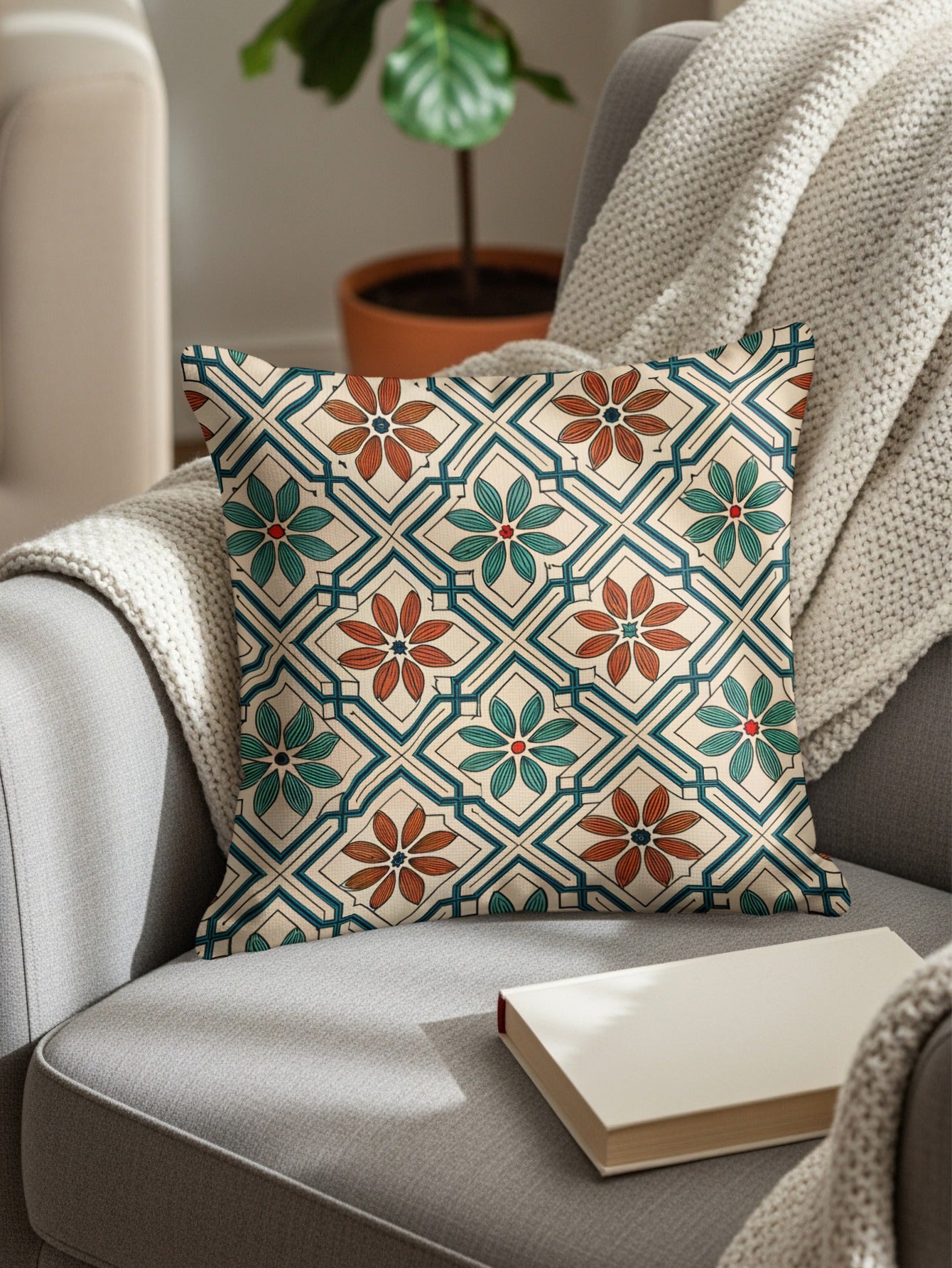 Geometric Floral Pattern Decorative Throw Pillow