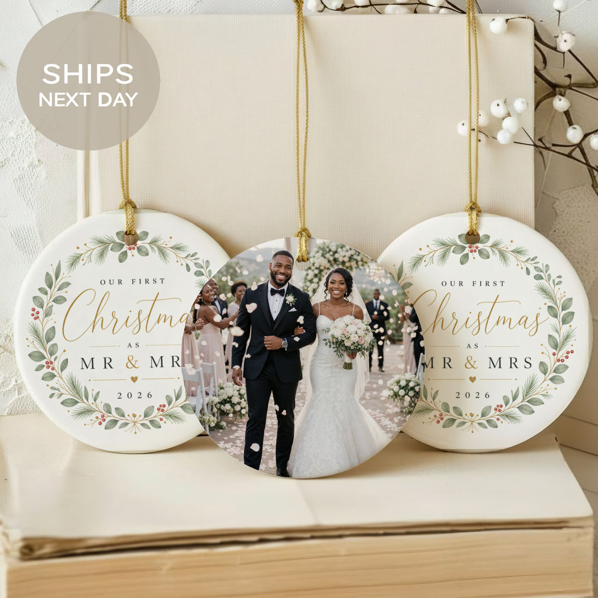 Ornaments commemorating a first Christmas as Mr & Mr and Mr & Mrs in 2026.