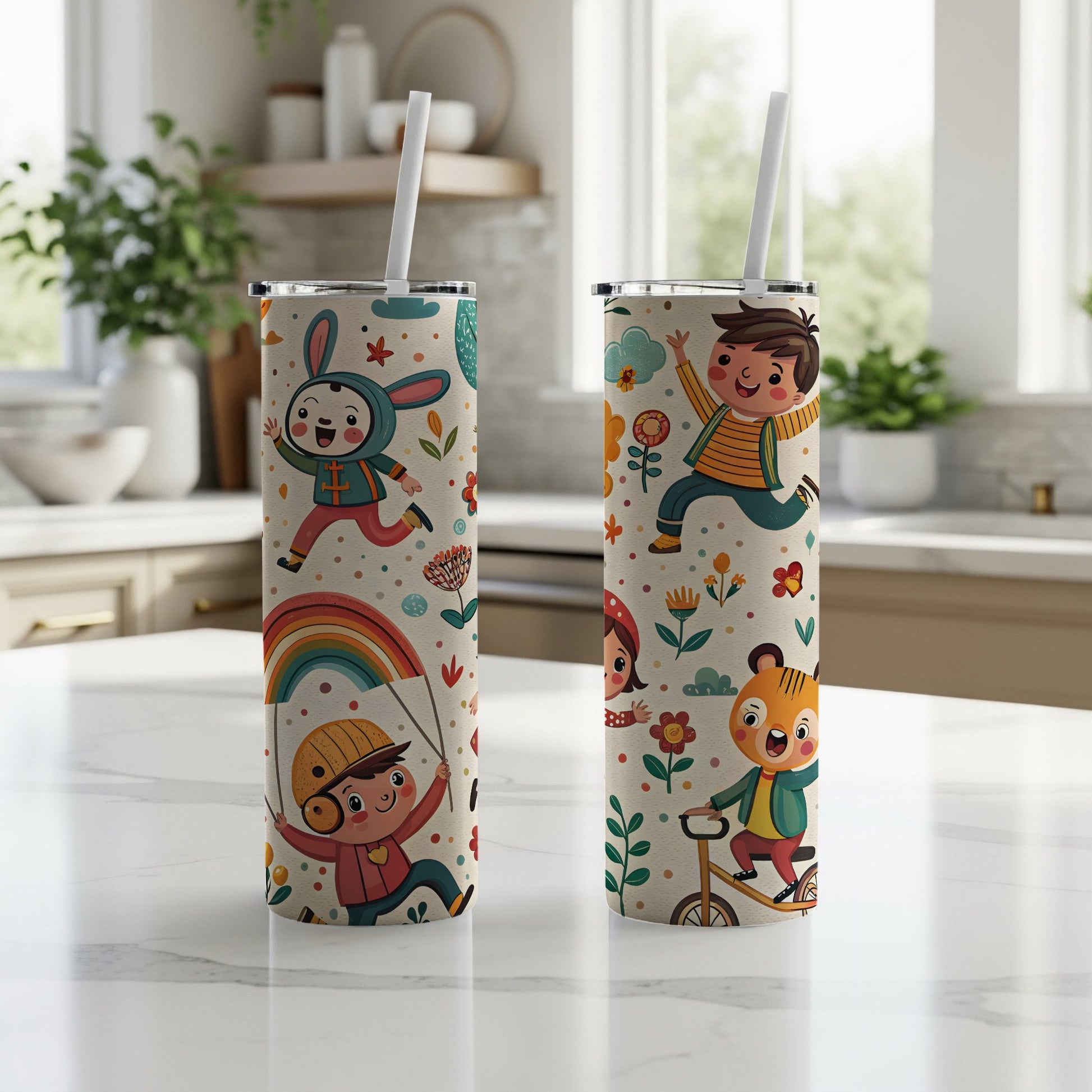Colorful Kids' Cartoon Patterned Tumbler With Straw