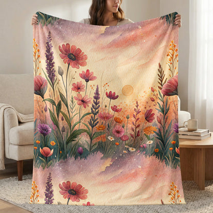 Watercolor Wildflower Meadow at Sunset Floral Artwork - Walk Greener