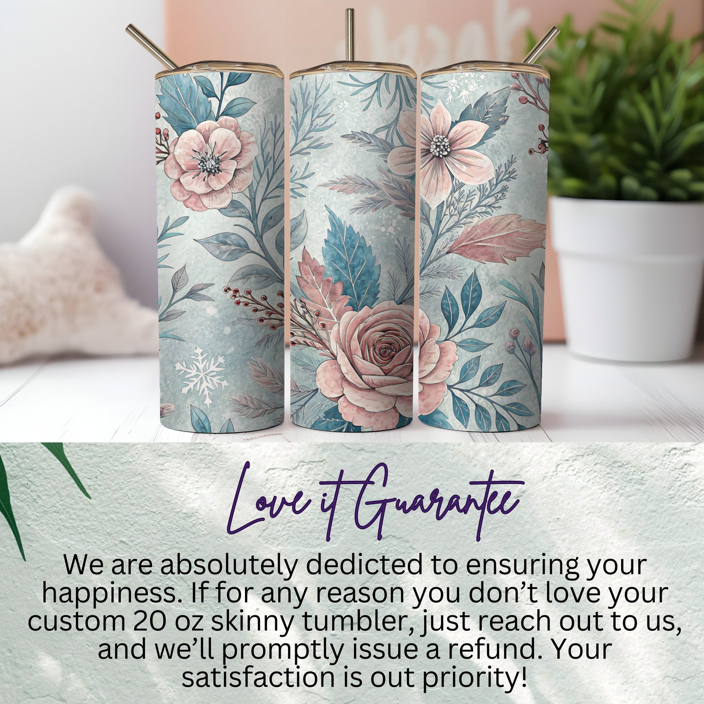 Custom Floral Skinny 20 oz Tumbler with Metal Straw