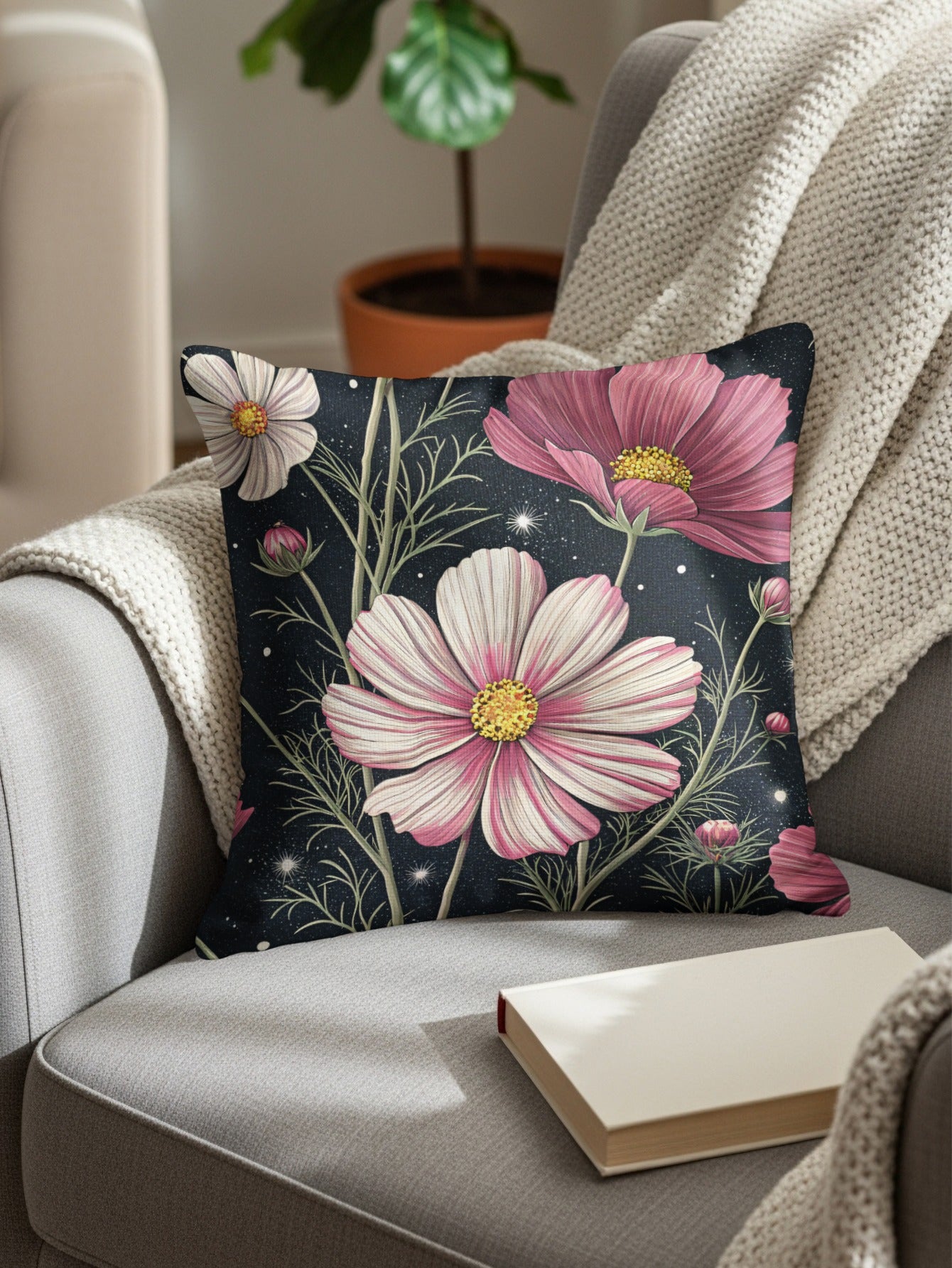 Pink Flowers In The Starlight Decorative Floral Throw Pillows - Walk Greener
