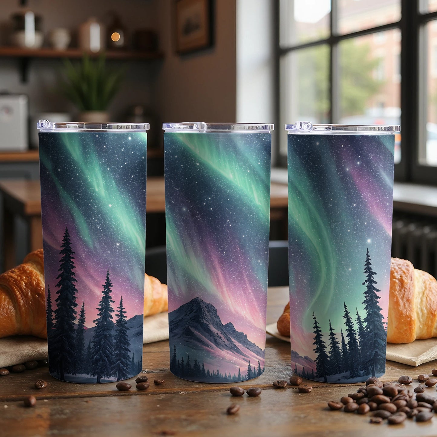 Northern Lights Mountain Sky Scene Tumbler Cups