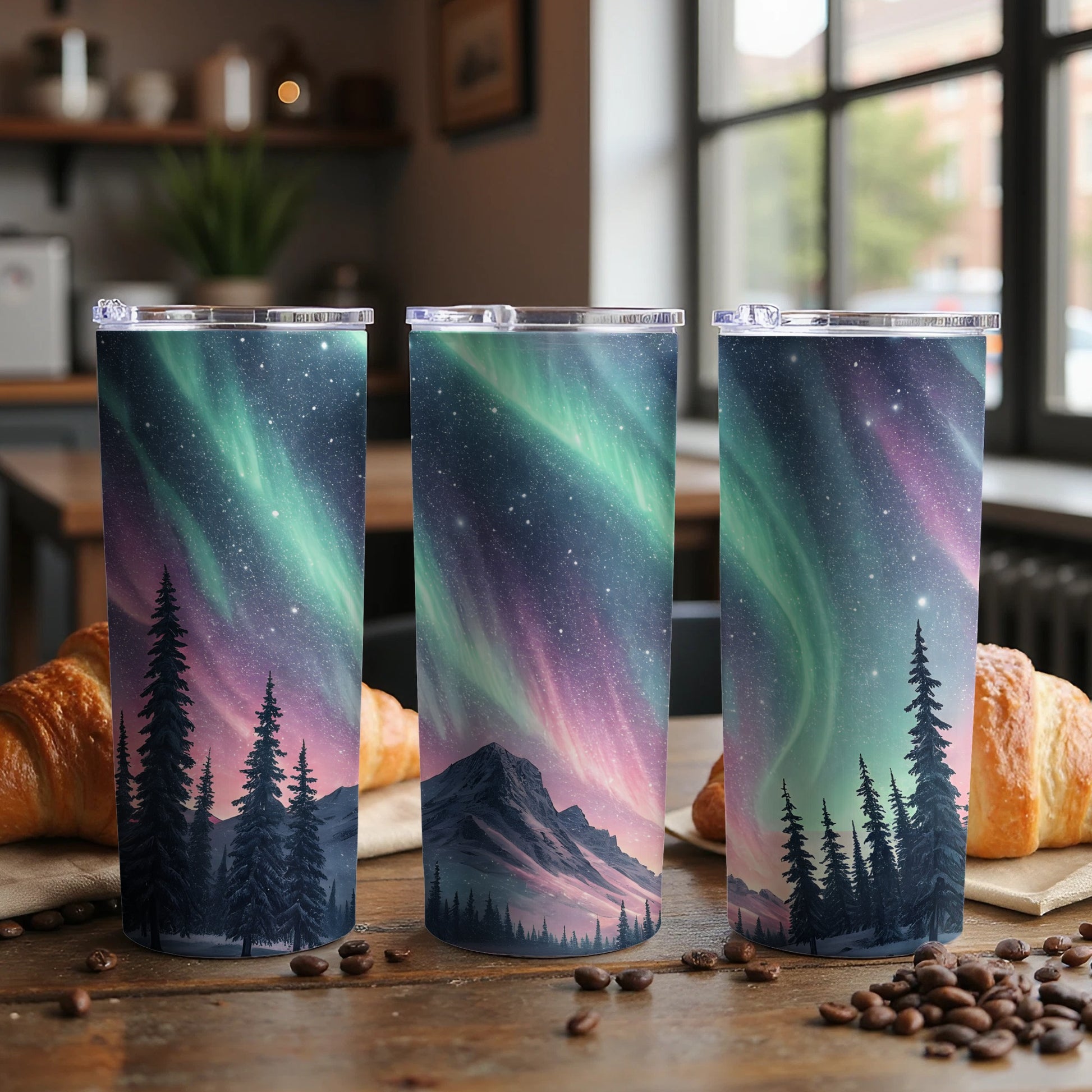 Northern Lights Mountain Sky Scene Tumbler Cups
