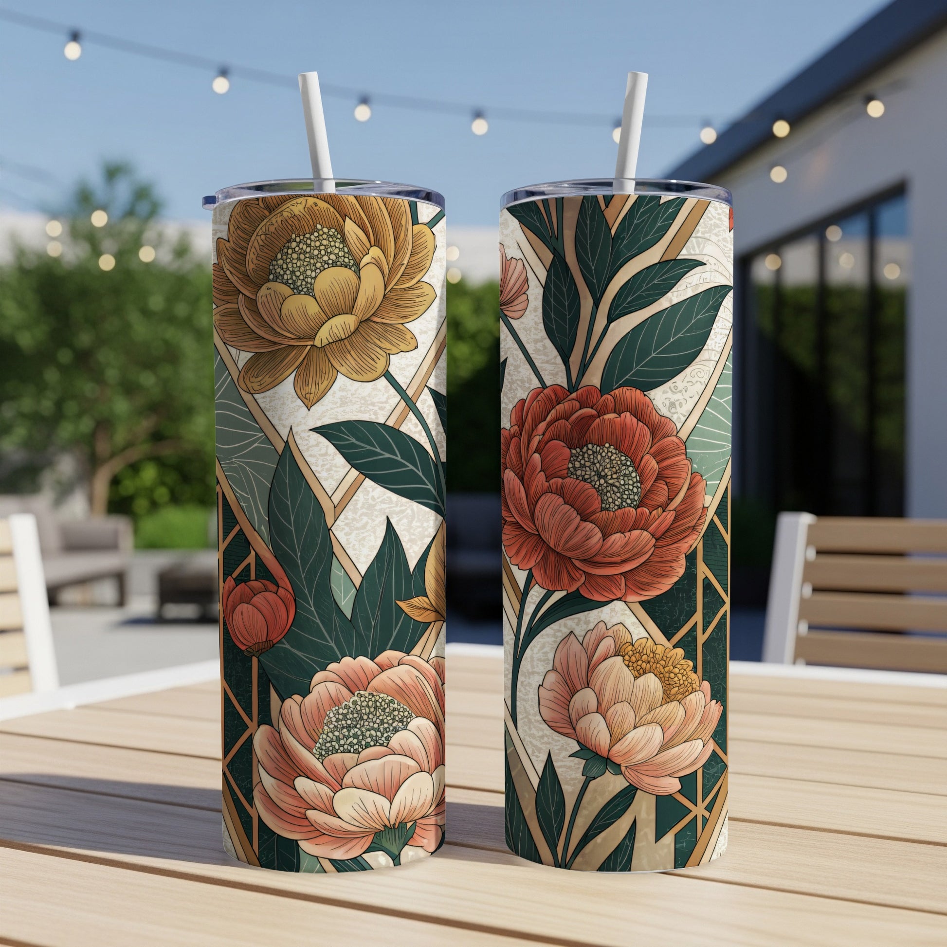 Elegant Floral Arrangement On Geometric Background 20 oz Skinny Tumbler - Walk Greener