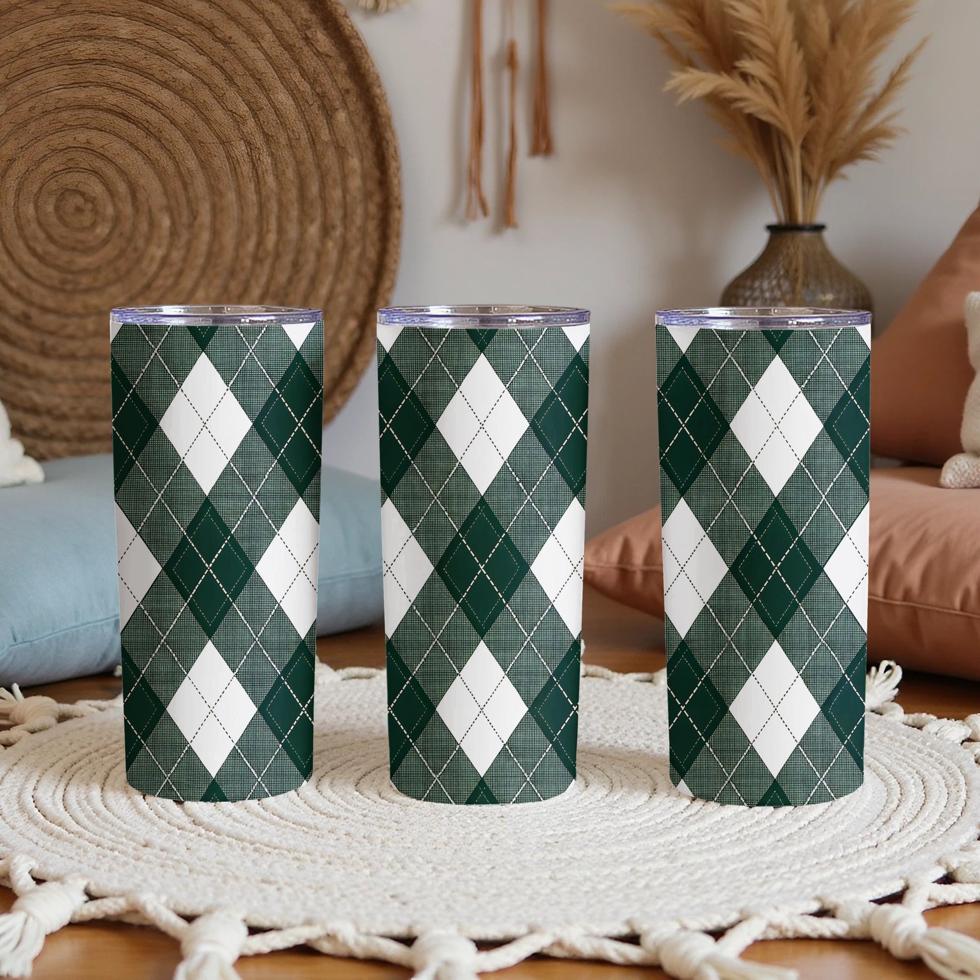 Green and White Argyle Pattern Insulated Tumbler Product