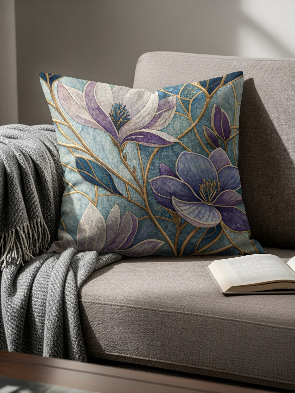 Elegant Floral Mosaic Blue and Purple Flowers Throw Pillows - Walk Greener