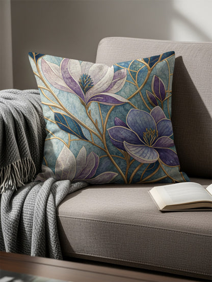 Elegant Floral Mosaic Blue and Purple Flowers Throw Pillows - Walk Greener