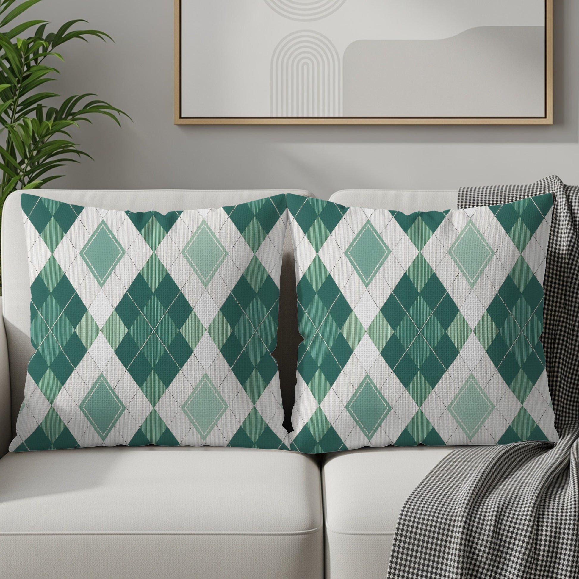Green and White Argyle Pattern Decorative Pillow Set
