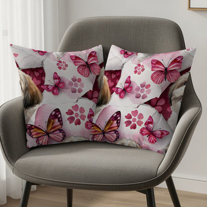 Dog with Butterflies on Pink Floral Background Throw Pillows - Walk Greener
