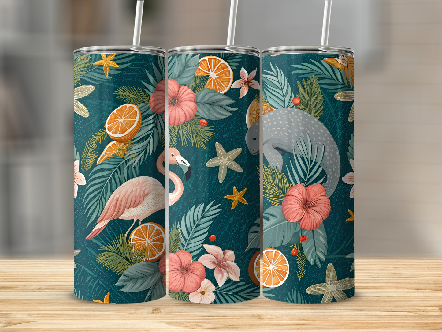 Tropical Flamingo and Marine Life Pattern Drink Tumbler