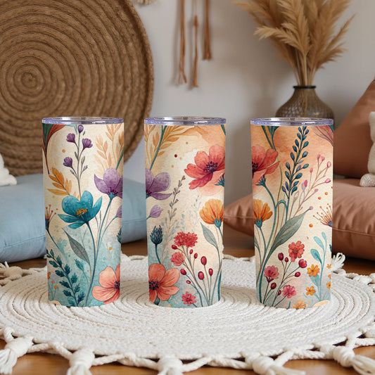 Watercolor Floral Painting Colorful Floral Design 20 oz Skinny Tumbler - Walk Greener