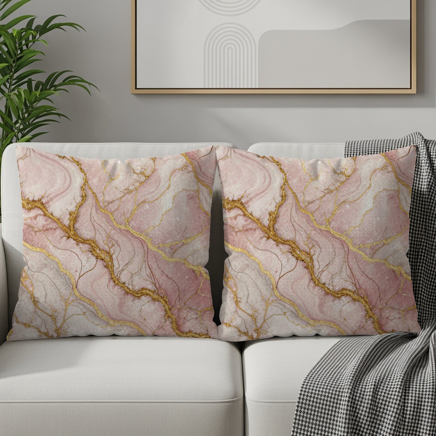 Elegant Pink and Gold Marble Print Throw Pillow Set