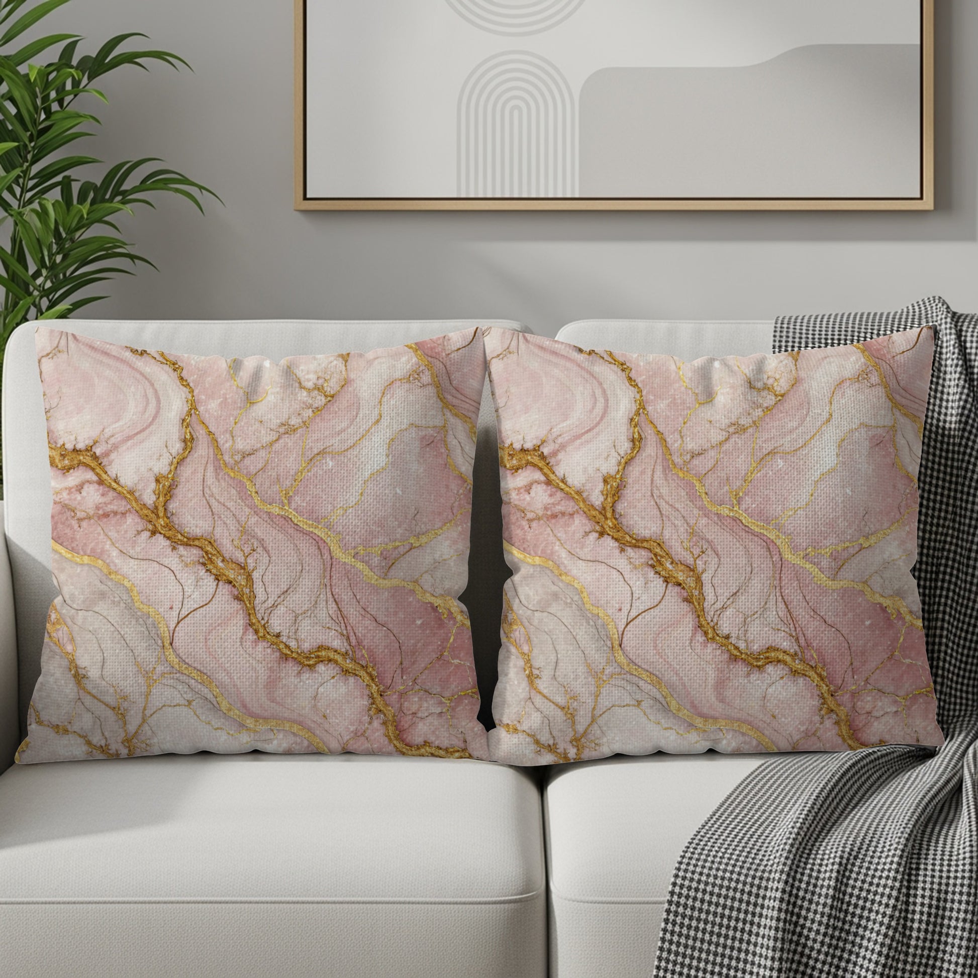 Elegant Pink and Gold Marble Print Throw Pillow Set