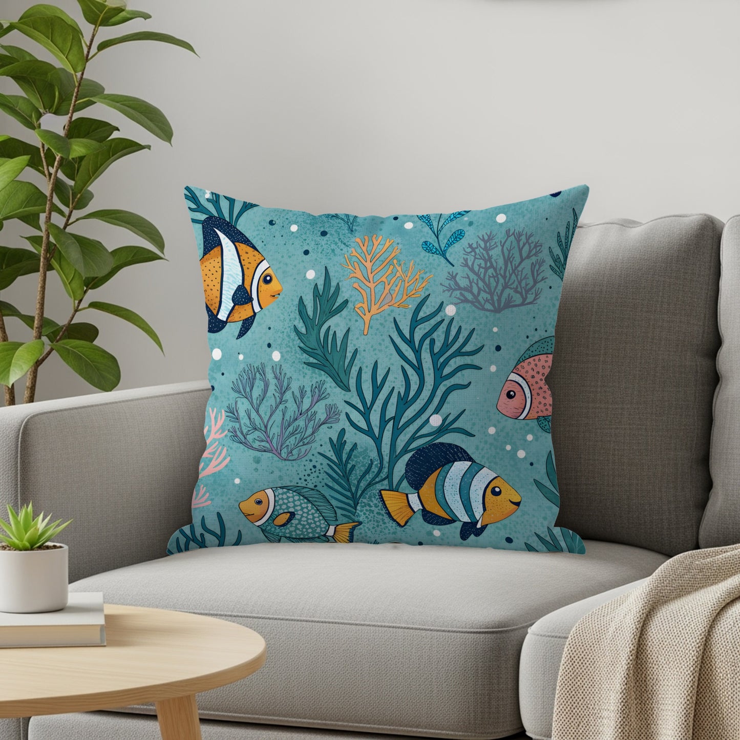 Vibrant Underwater Fish Theme Decorative Pillow Product