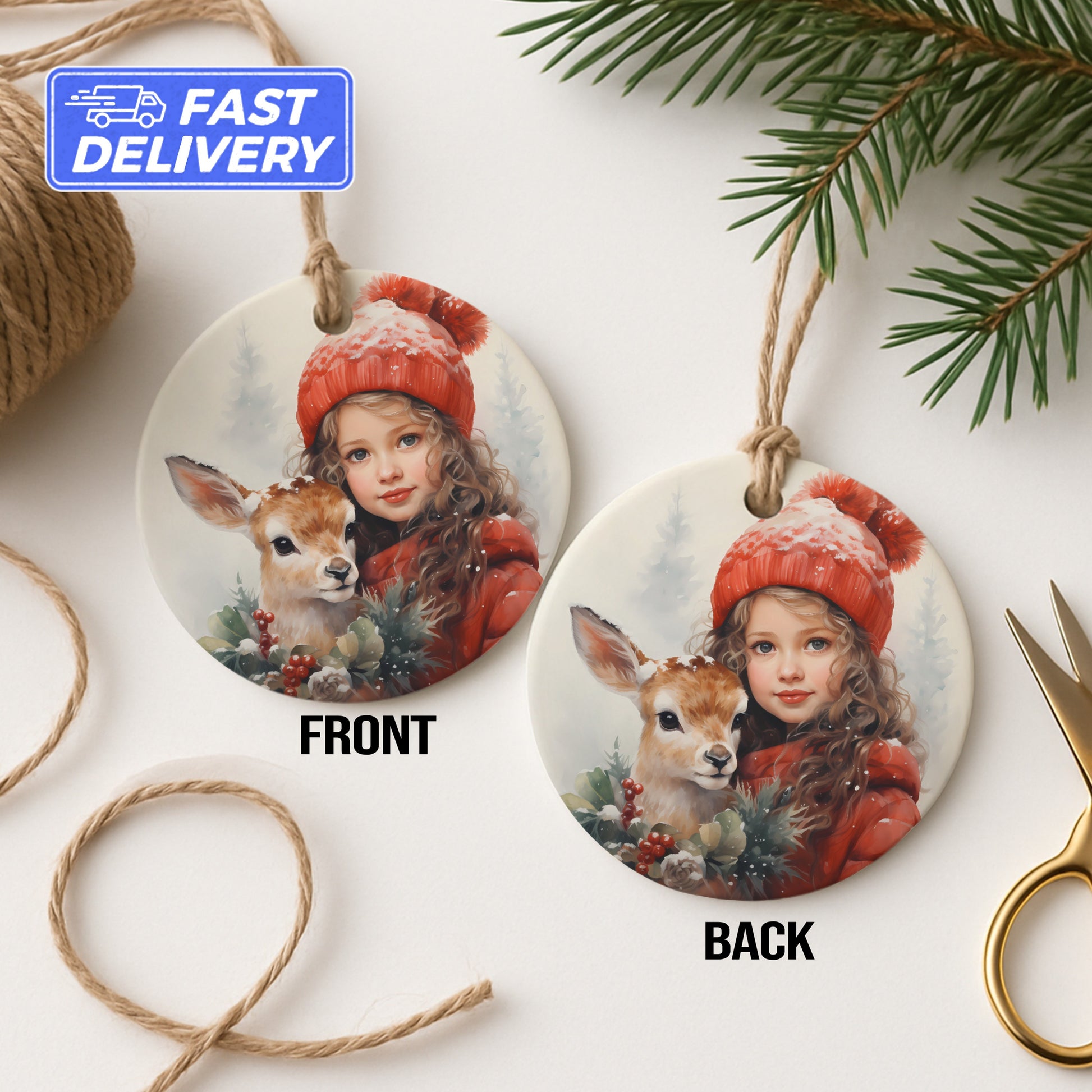 Girl With Deer Festive Christmas Ornament product type