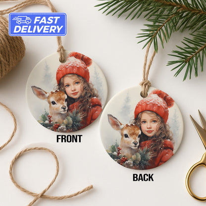 Girl With Deer Festive Christmas Ornament product type