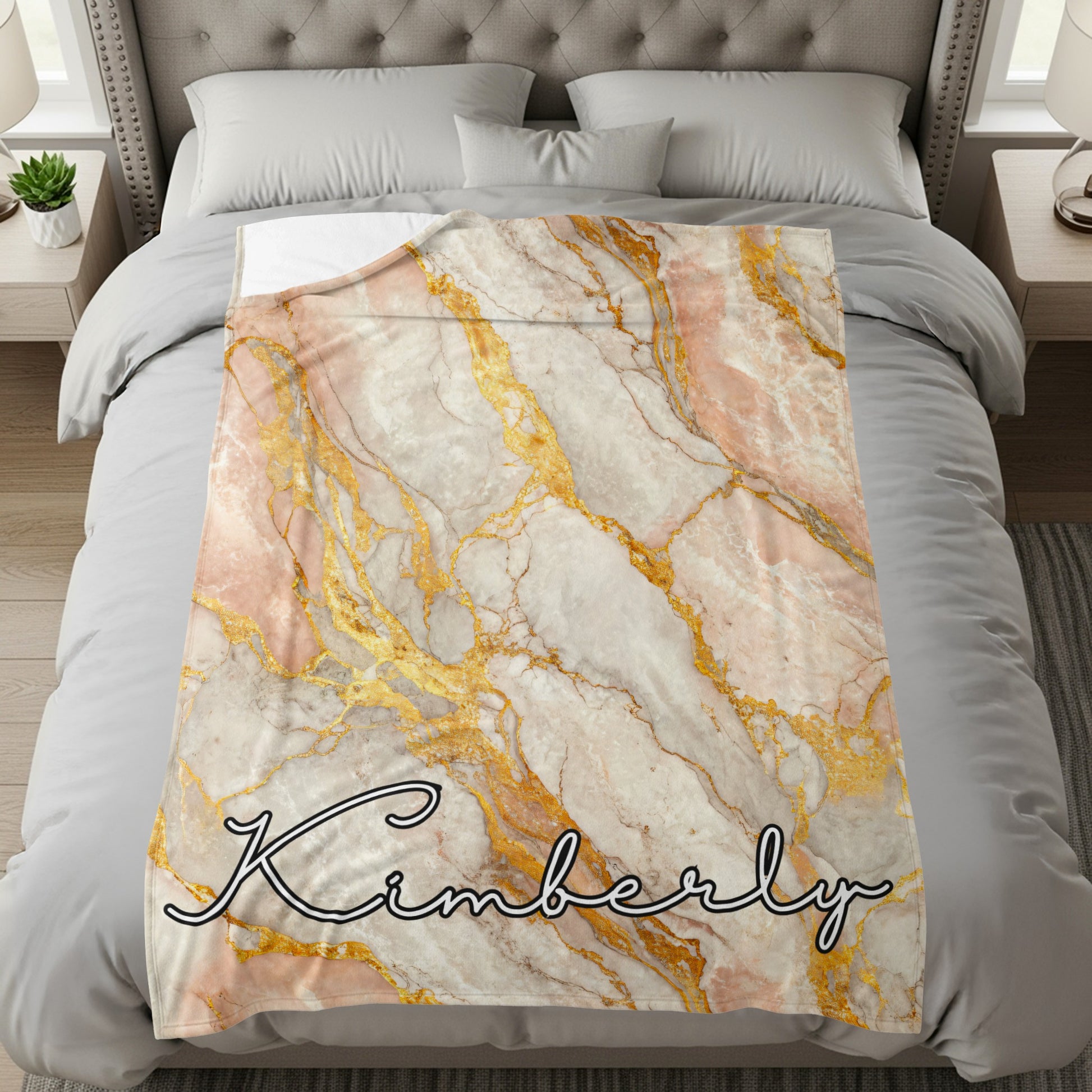 Personalized Gold Marble and Pink Bedding with Name Blanket