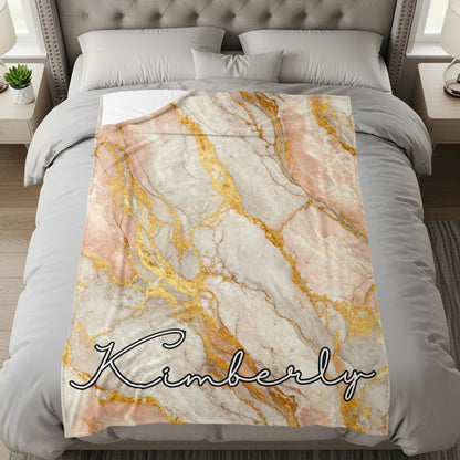 Personalized Gold Marble and Pink Bedding with Name Blanket