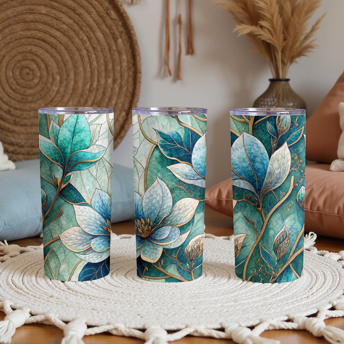 Teal Floral with Gold Veins and Stems 20 oz Skinny Tumbler - Walk Greener