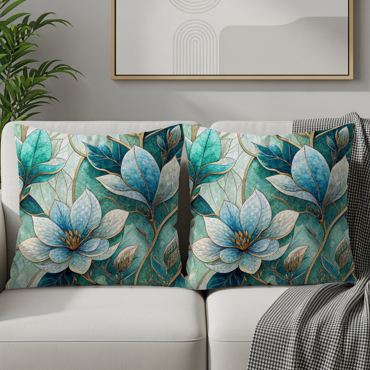 Floral Fantasy in Blue Green Artistic Style Throw Pillows - Walk Greener
