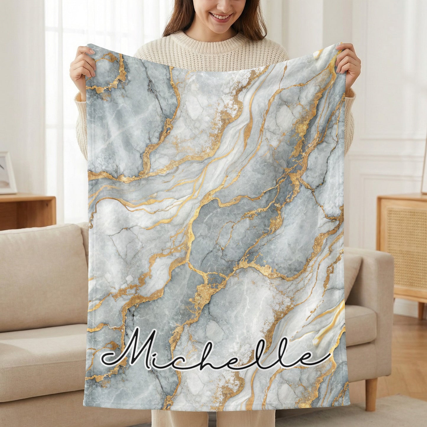 Gray Marble Veins of Gold Pattern Custom Name Blanket - Walk Greener