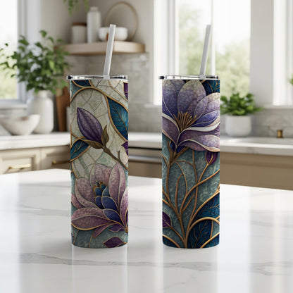 Purple Blooms on Turquoise Backdrop Design 20 oz Skinny Tumbler - Walk Greener