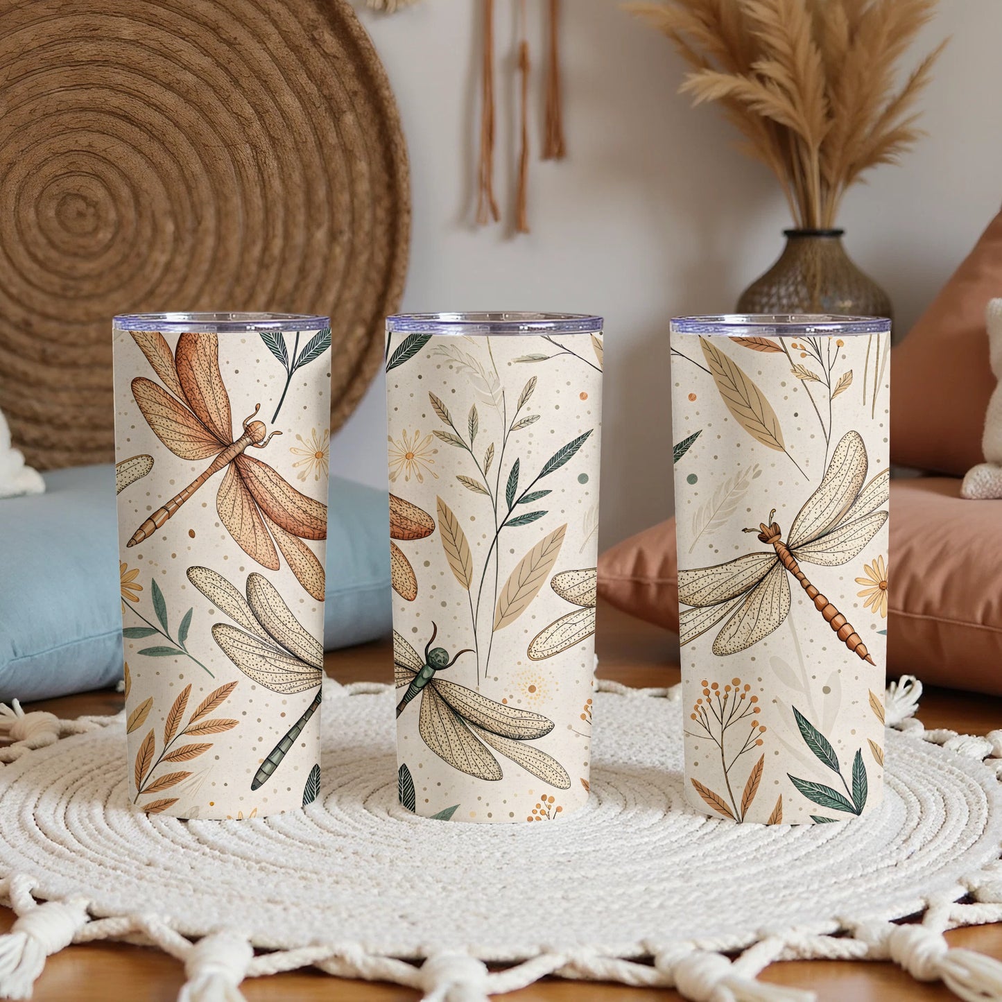 Dragonfly and Botanical Design Tumbler Set