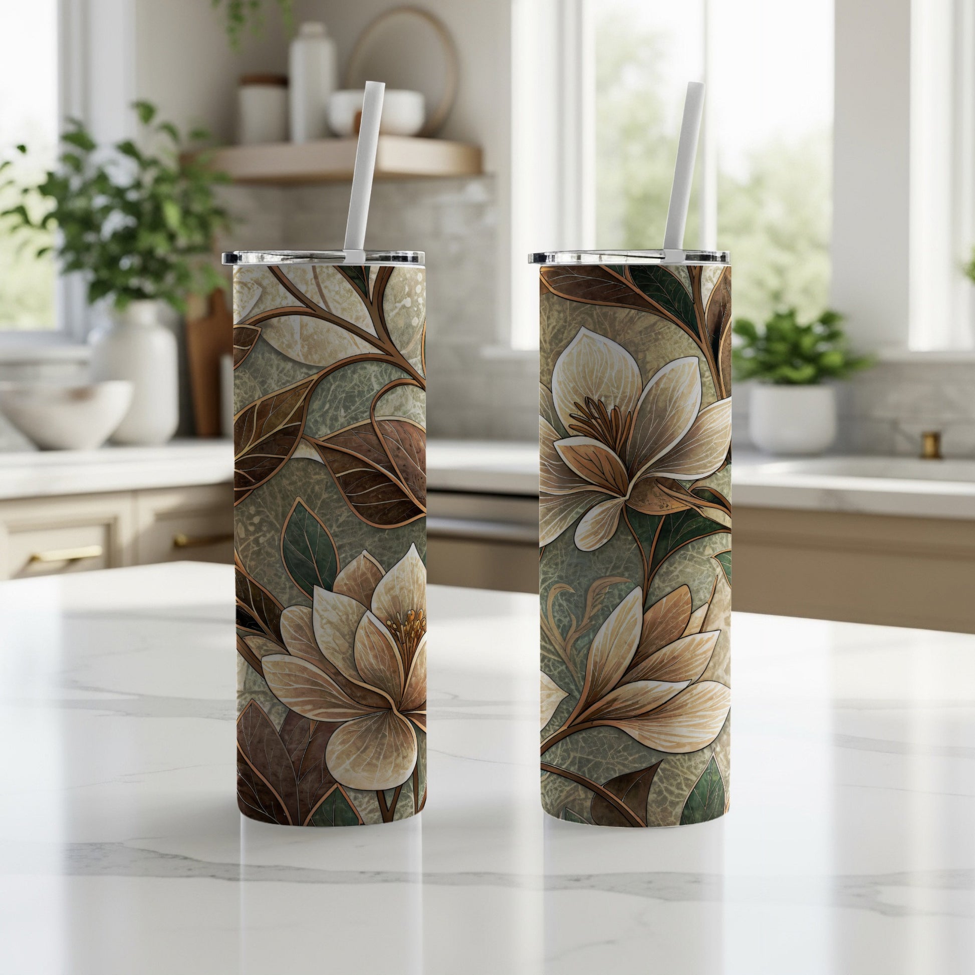Decorative Floral and Leaf Artwork 20 oz Skinny Tumbler - Walk Greener
