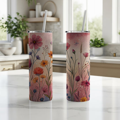 Watercolor Meadow Flowers and Butterflies 20 oz Skinny Tumbler - Walk Greener