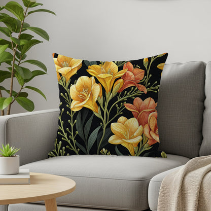Orange Yellow Freesia Flowers Pattern Artistic Decorative Floral Throw Pillows - Walk Greener