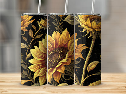 Sunflower Design Tumbler with Straw Floral Artwork