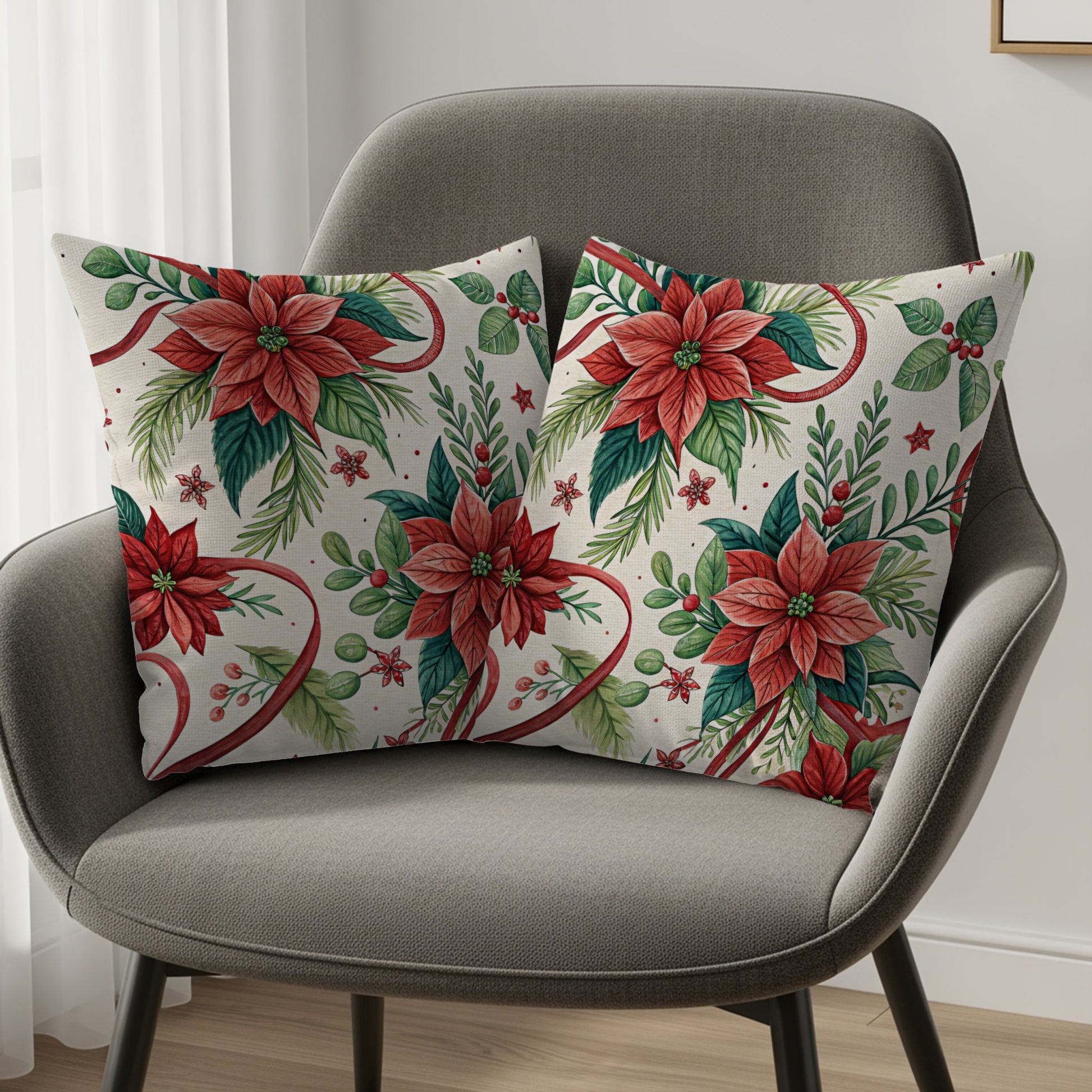Festive Poinsettia Themed Decorative Cushions Set